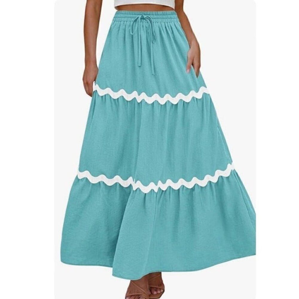 KIRUNDO Blue & White Tiered Elastic Waistband Bohemian Peasant Maxi Skirt Large